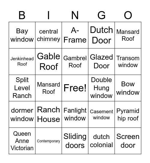 Housing Styles BINGO! Bingo Card