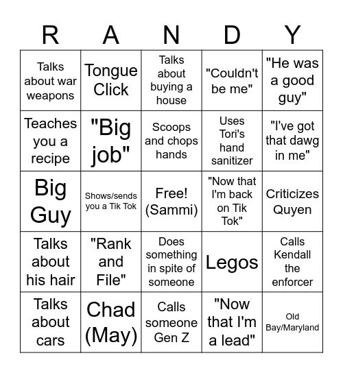 Randy Bingo Card