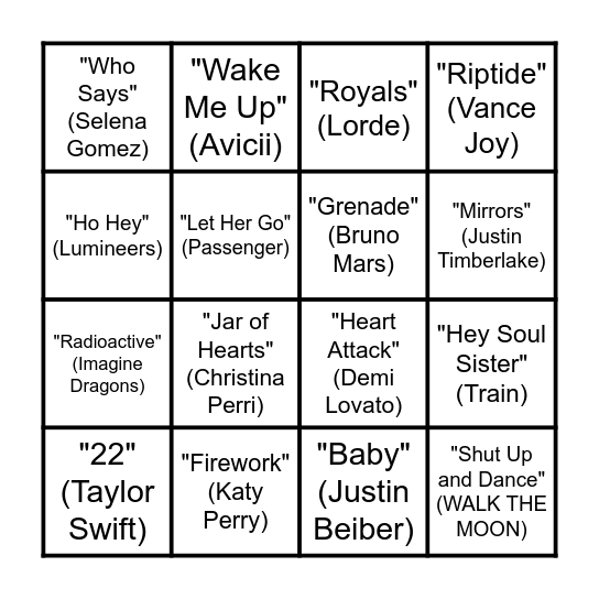 Musical Bingo (2010s) Bingo Card