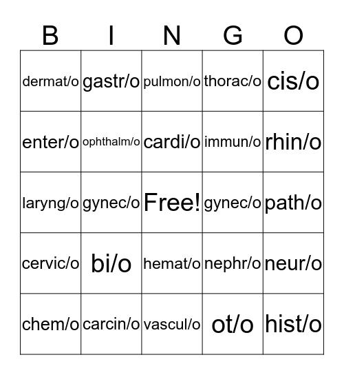 Word Roots with Combining Vowel Bingo Card