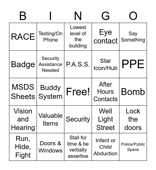 Safety Week Bingo Card