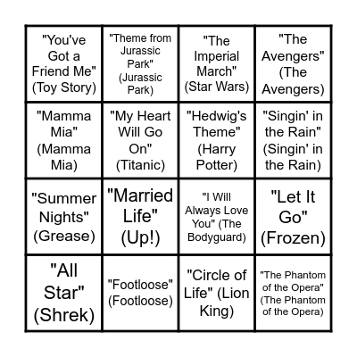 Musical Bingo (Movies) Bingo Card