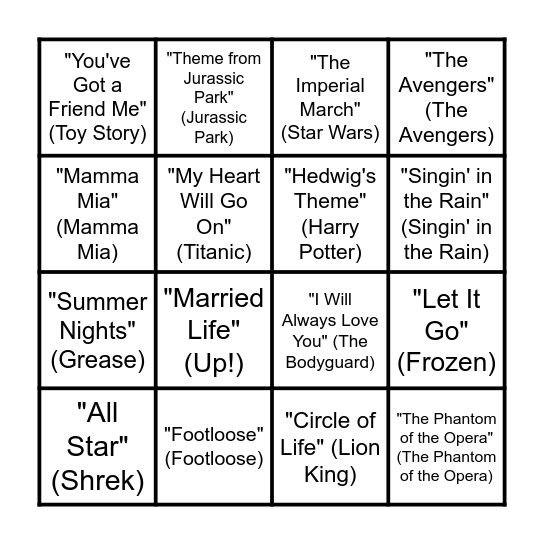 Musical Bingo (Movies) Bingo Card