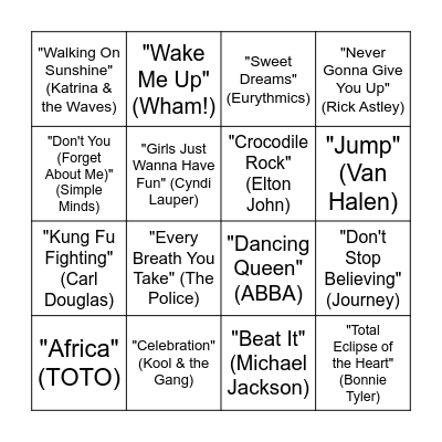Musical Bingo (80s) Bingo Card