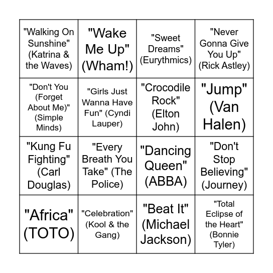 Musical Bingo (80s) Bingo Card