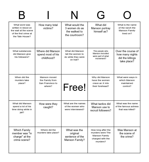 Manson Family Bingo Card