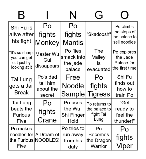 Kungfu Panda Bingo Card