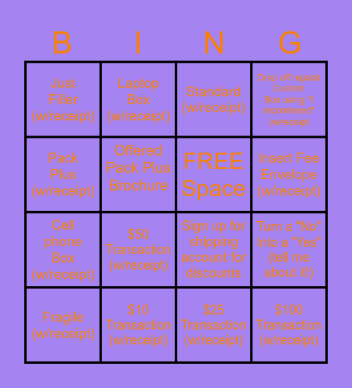 PACKING (Remember to inspect over $300) Bingo Card