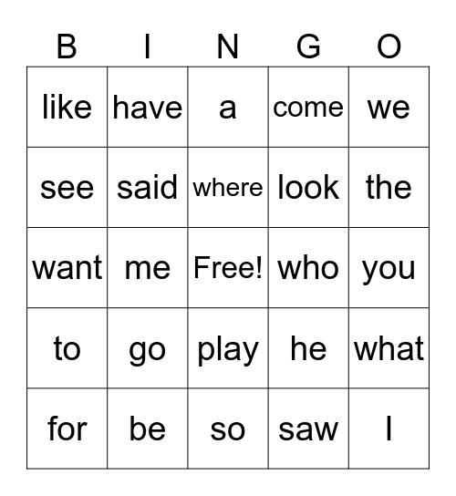 High Frequency Words Bingo Card