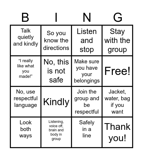 Community Outings Expected Behavior Bingo Card