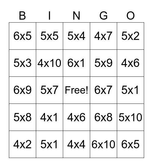 Multiplication Facts 4,5,6 Bingo Card