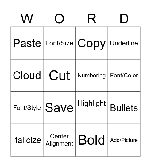 Word Processing Bingo Card