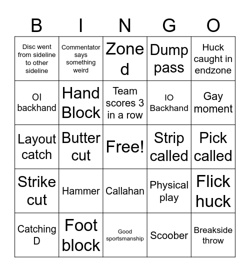 Ultimate Frisbee BINBO Bingo Card