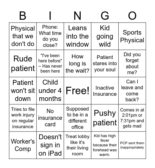 Urgent Care KD/GR Bingo Card
