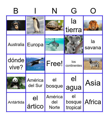 Los animales y los continentes Bingo Card
