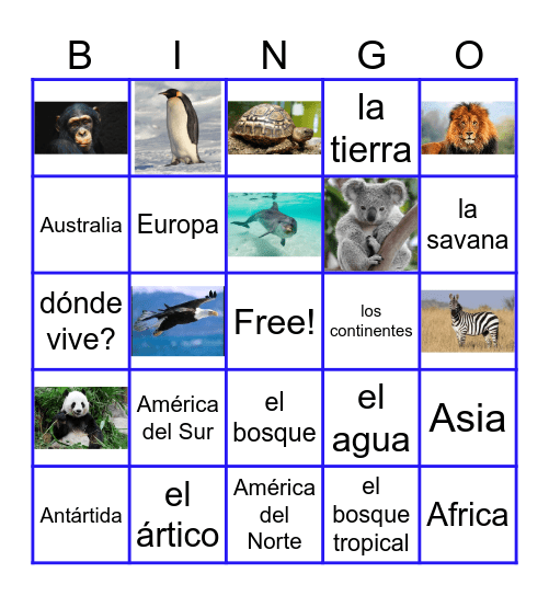 Los animales y los continentes Bingo Card