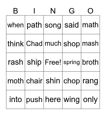 Digraph with -ng Bingo Card