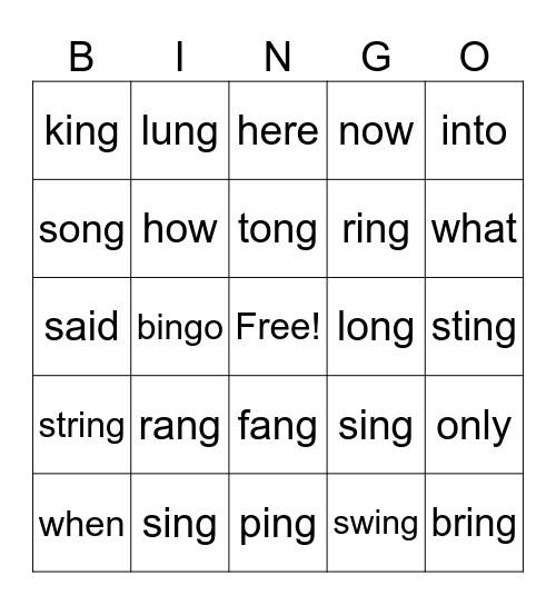 -ng Digraphs Bingo Card