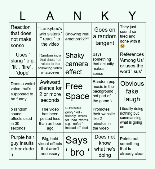 Lankybox Bingo Card