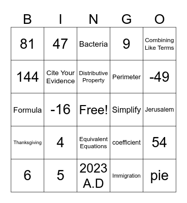 Math Bingo 11/3/23 Bingo Card