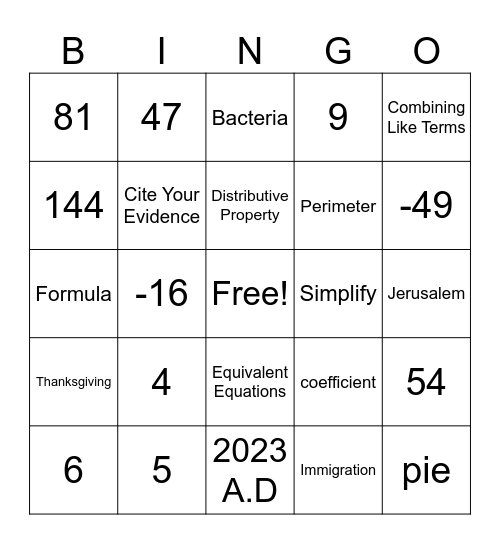 Math Bingo 11/3/23 Bingo Card