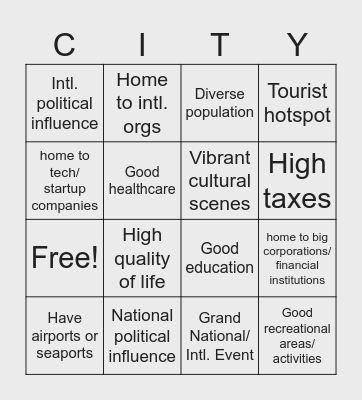 The Global City Bingo Card