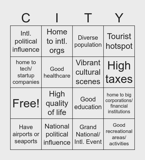 The Global City Bingo Card