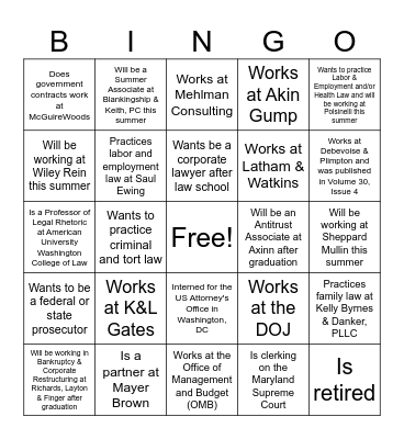 George Mason Law Review Alumni Bingo Card