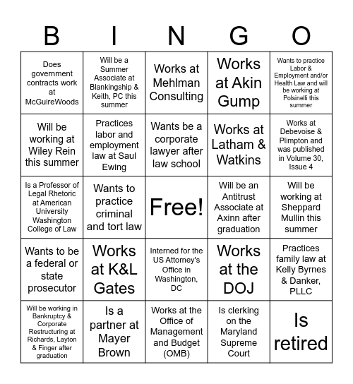 George Mason Law Review Alumni Bingo Card