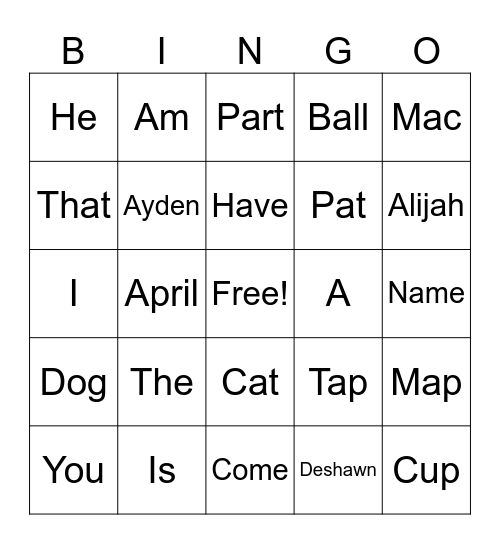 Sight Word Bingo Card