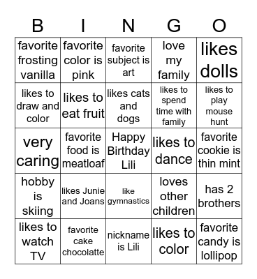 Lili's Birthday Bingo Card