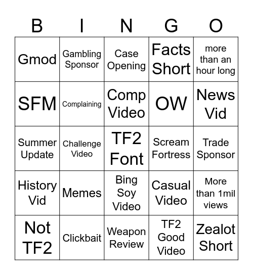 TFO YT Bingo Card