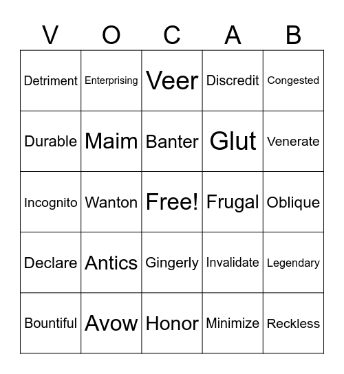 Unit 2 Vocab Bingo Card