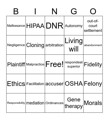 MEDICAL ETHICS & LAW Bingo Card