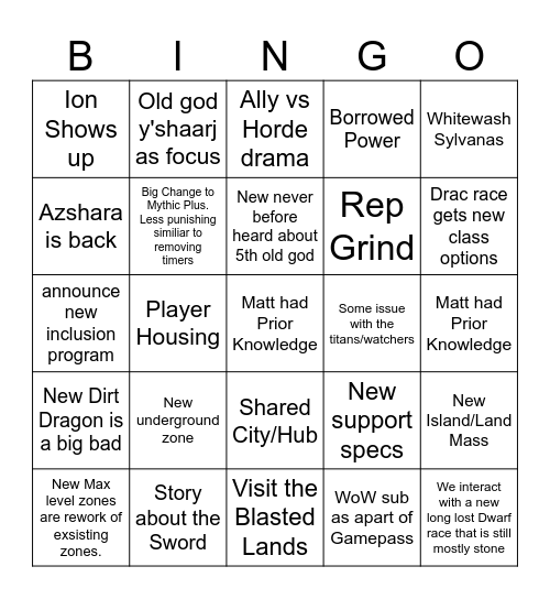 Wow 11.0 Bingo Card