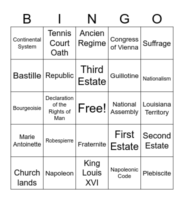 French Revolution Bingo Card