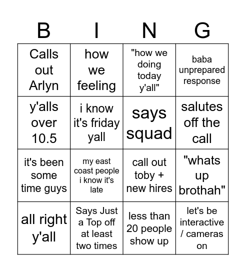 JT Bingo Card