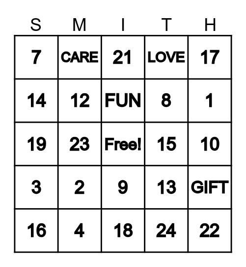 SMITH Family Bingo! Bingo Card