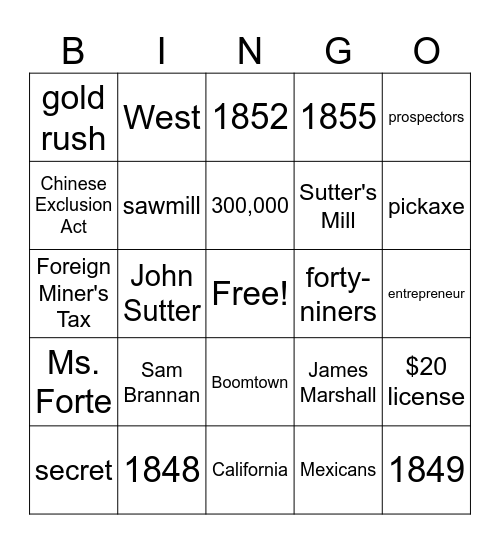 California Gold Rush Bingo Card