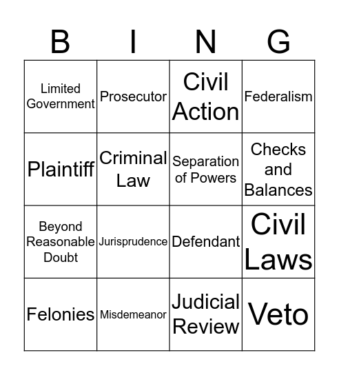 Law Vocabulary Bingo Card