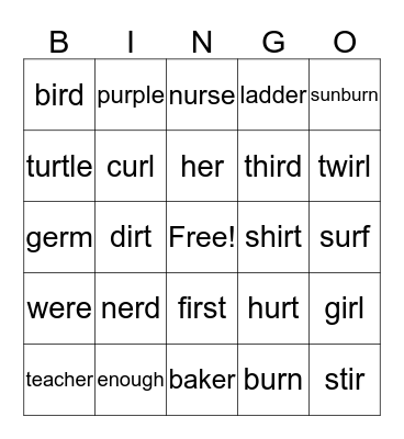 Word Families with -er, ir, ur Bingo Card