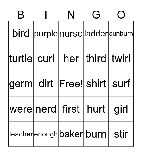 Word Families with -er, ir, ur Bingo Card