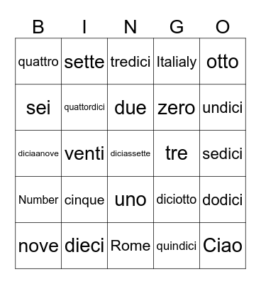 Number 1-20 Bingo Card