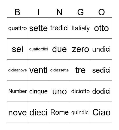 Number 1-20 Bingo Card