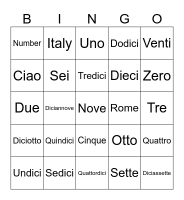 Number 1-20 Bingo Card