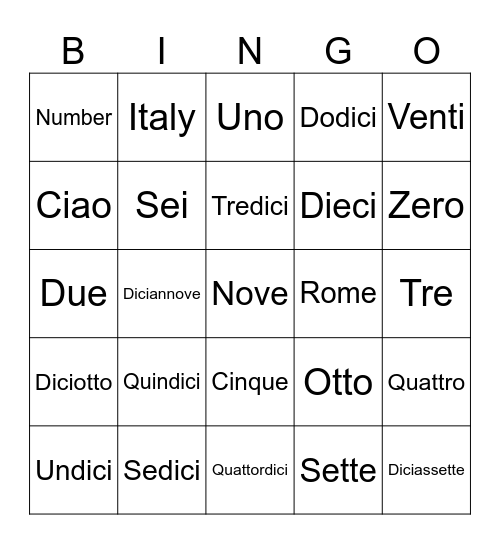 Number 1-20 Bingo Card