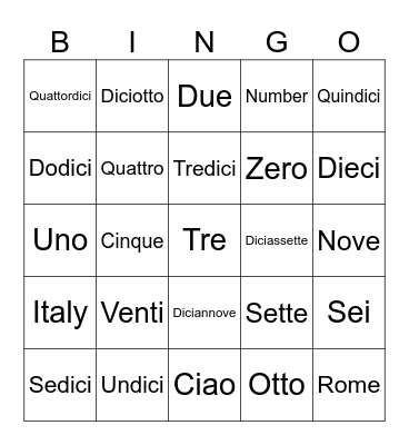 Number 1-20 Bingo Card