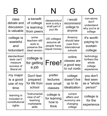 College at Risk Bingo Card