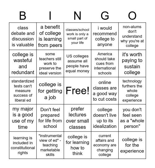 College at Risk Bingo Card