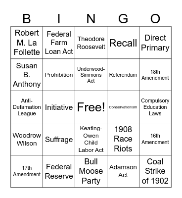 Progressive Era Bingo Card